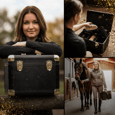 Collage einer Frau mit der Pferdegold® Putzbox Bundle Deluxe Putzbox und Bürsten, die ein Pferd im Stall führt.