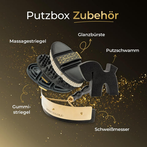 Die Pferdegold® Putzbox Zubehör, bestehend aus einem Bürsten-Set, Schwämmen und einem Schweißmesser, ist auf einem glitzernden Hintergrund angeordnet.