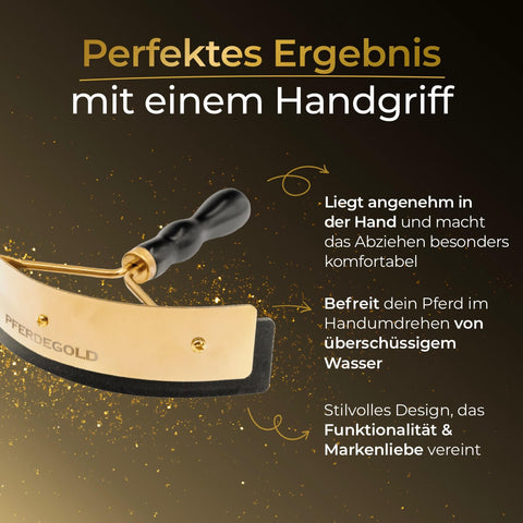 Das Pferdegold® Schweißmesser von Pferdegold® bietet Komfort, effektive Wasserentfernung und stilvolles Design - goldene Klinge mit schwarzem Griff und deutschem Text.