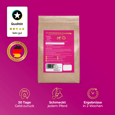 Ein brauner Beutel mit der Aufschrift "Pferdegold Stoffwechsel Nachfüllpack 3kg" mit deutschen Qualitätsabzeichen und Vorteilssymbolen, die den Status als Premium-Pferdeergänzungsmittel unterstreichen, steht auf einem lila Hintergrund.