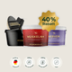 Das Pferdegold®-Starterpaket enthält drei Dosen mit Ergänzungsfuttermitteln, eine Reinigungsbürste und einen Rabatt-Aufkleber mit 40 % Rabatt sowie Symbolen für die jeweiligen Vorteile – ideal für die einfache Pferdepflege und hochwertige Futterergänzungen.